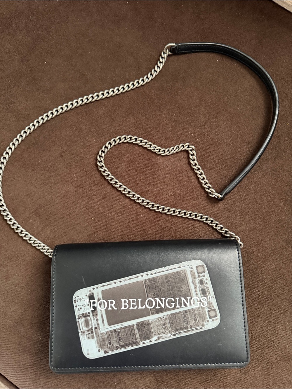 Off-White Black Leather Crossbody Bag with Silver Chain